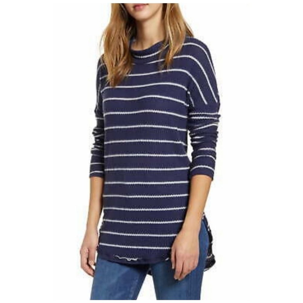 Caslon Navy Blue Long Sleeve Striped Waffle Knit Tunic Top NEW